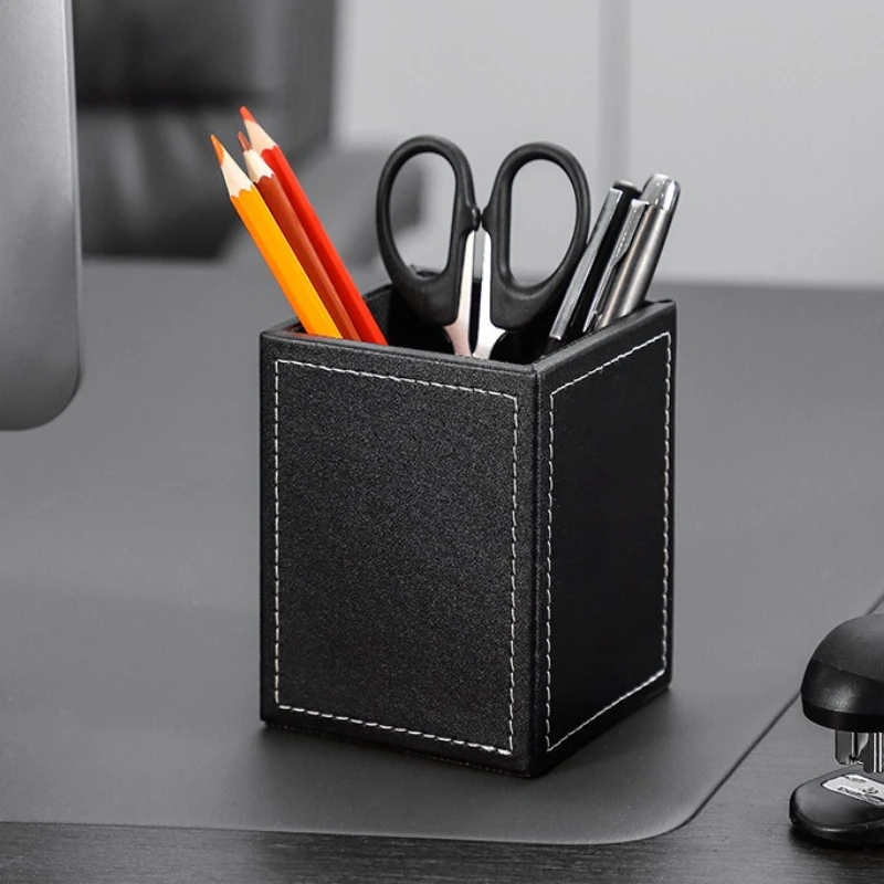 シンプルな PU スクエアシングルペンホルダー無地レザー収納ホルダークリエイティブオフィス/学校デスクトップ収納ボックスビジネスギフト