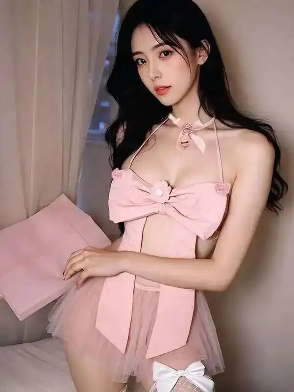 Sexy New Women Hanging Neck Bow Backless Bodysuits+high Waist Mesh Splicing Sheer Short Pink Dress Charm Sweet Cute Playful 8UEQ
