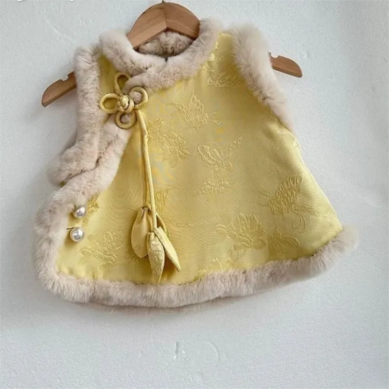 الفتيات الأحمر/الأصفر سترة دون أكمام 2026 الخريف/الشتاء جديد للأطفال النمط الصيني شيونغسام أفضل الاطفال الصينية تانغ سترة TopLI882 #1