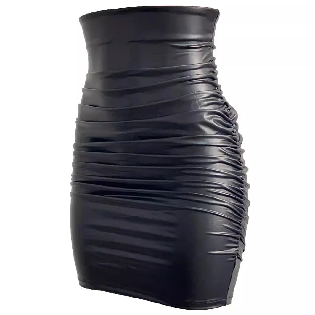 

plus Size Pleated PU Leather Skirt Sexy Bodycon Women's Faion ort Skirt Polyester Material Pear aped Body pe