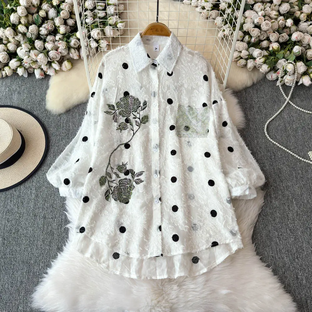 

Fashion Diamond Sticker Half Sleeve Women's Shirt Spring Summer Embroidery Dot Blouse Chic Loose Female Single Breasted Tops