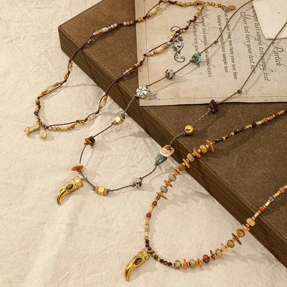 Vintage western nomadic tribal nature crystal stone mix color beaded necklace bohemian style for autumn winter sweaters chain