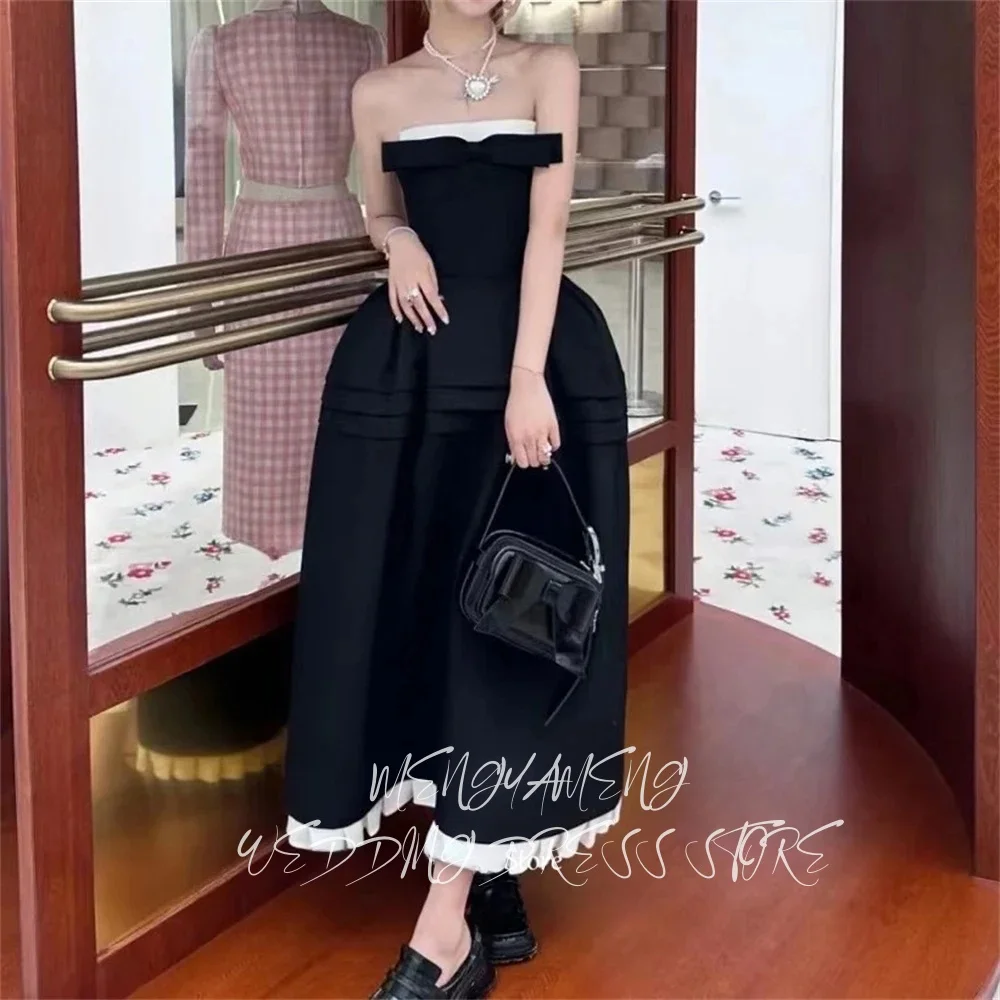 ZHUISHU Elegant Black Strapless Evening Dresses Korea Prom Dress Pleated Satin Bow Wedding Party Gowns Ankle Length Customized