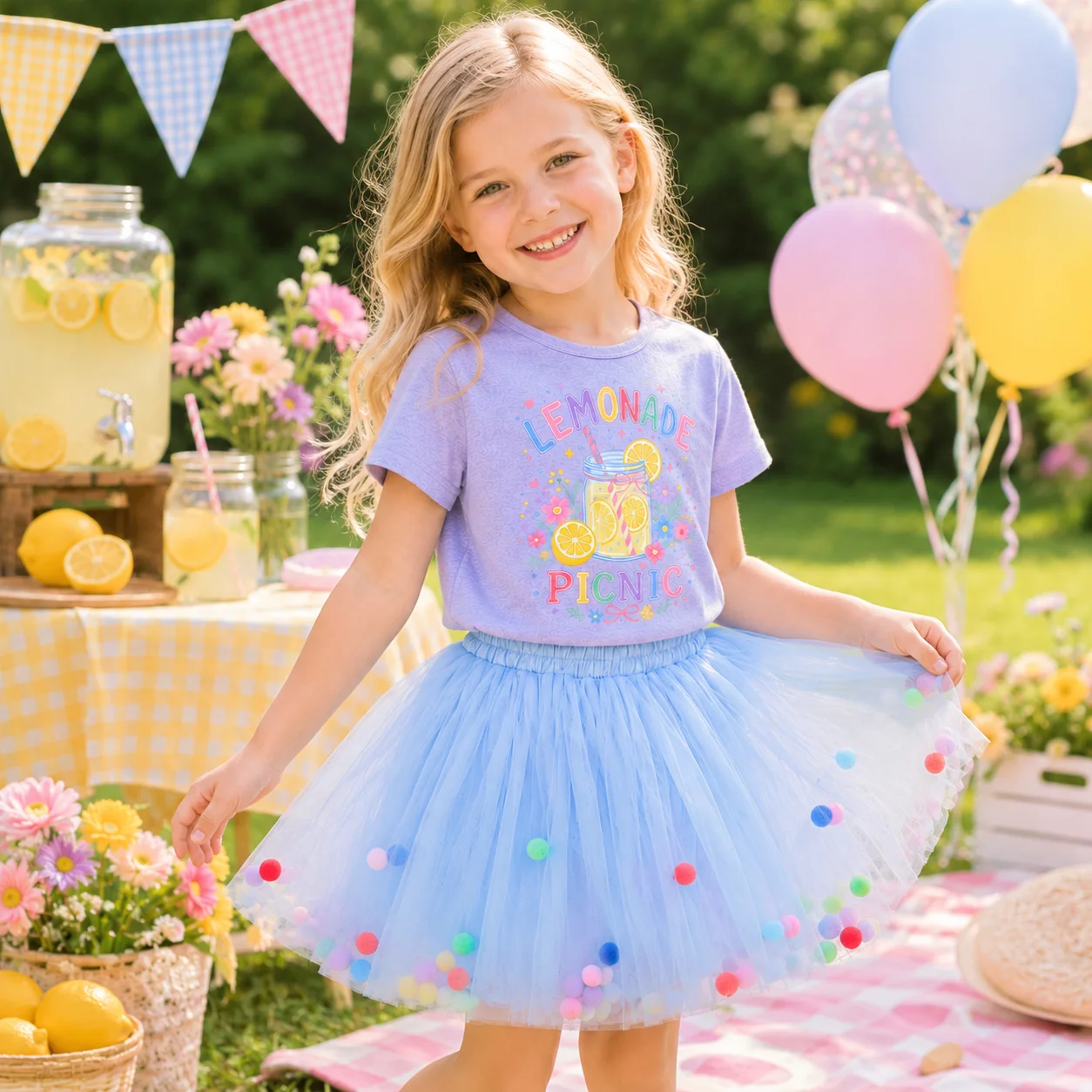 Kids Girls Lemonade Print Tee Fluffy Pom Pom Tutu Skirt 2 Piece Set Summer Casual Birthday Party Outfits