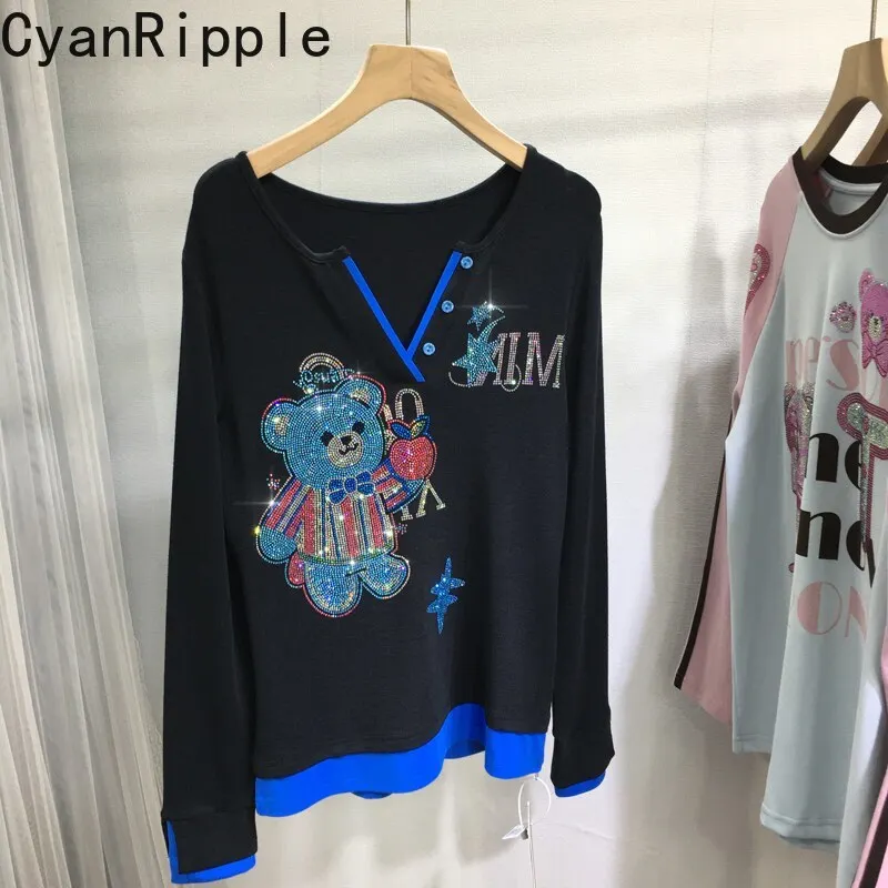 Fashionable New Autumn Faux Two-piece Long Sleeve T-shirt Hot Diamonds Bear V-neck Black Basic Tees All-match Women Casual Tops