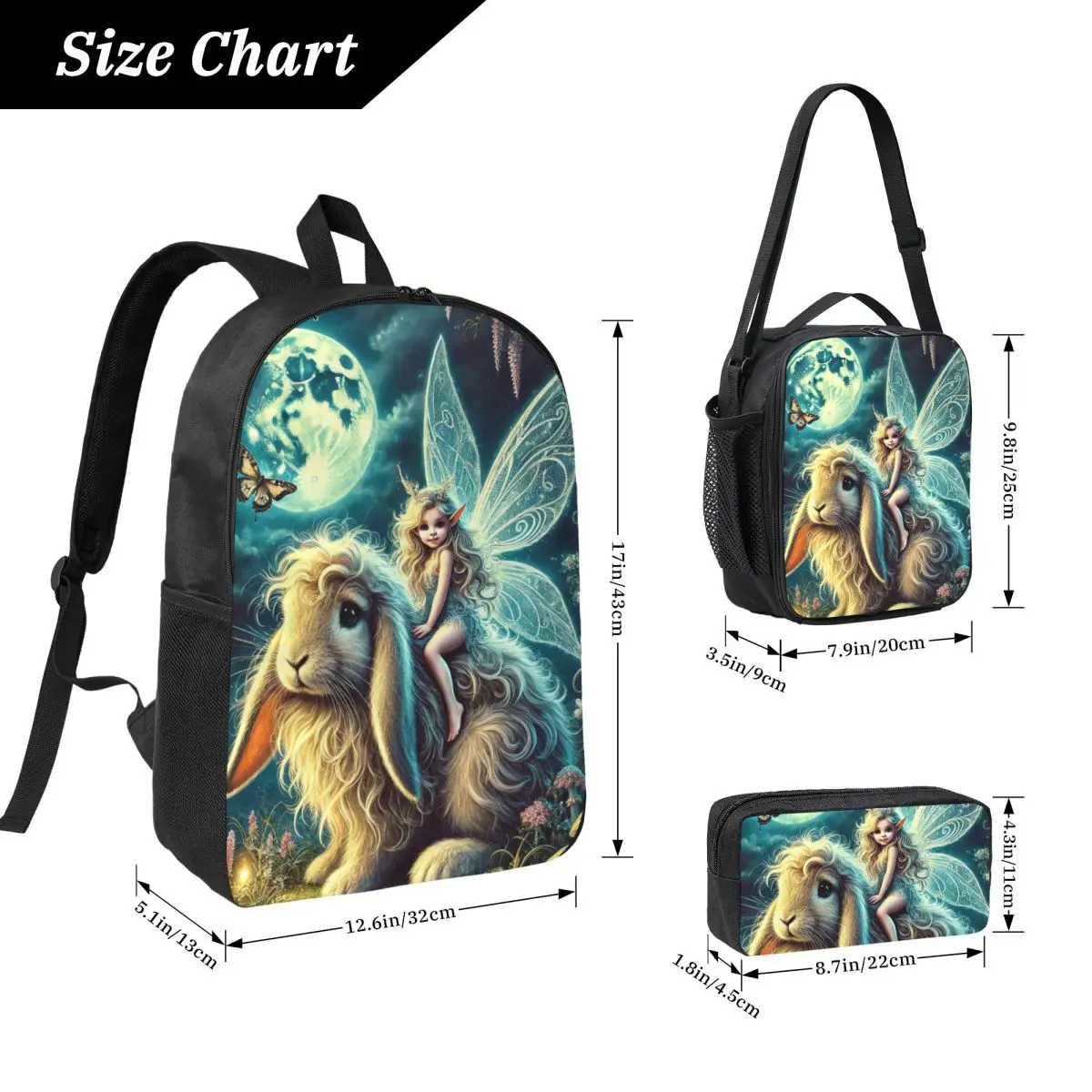 Fairy And Rabbit From A Dreamlike Forest Backpack Boys Girls BookBag School Bag Laptop Shoulder Bags 3ps Lunch Bag Pencil Case