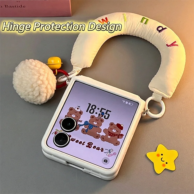 For Samsung Z Flip7 Flip6 Case Cute Puffy Handle Leather Cases For Samsung Galaxy Z Flip7 6 5 4 3 White Cover With Bell Pendant