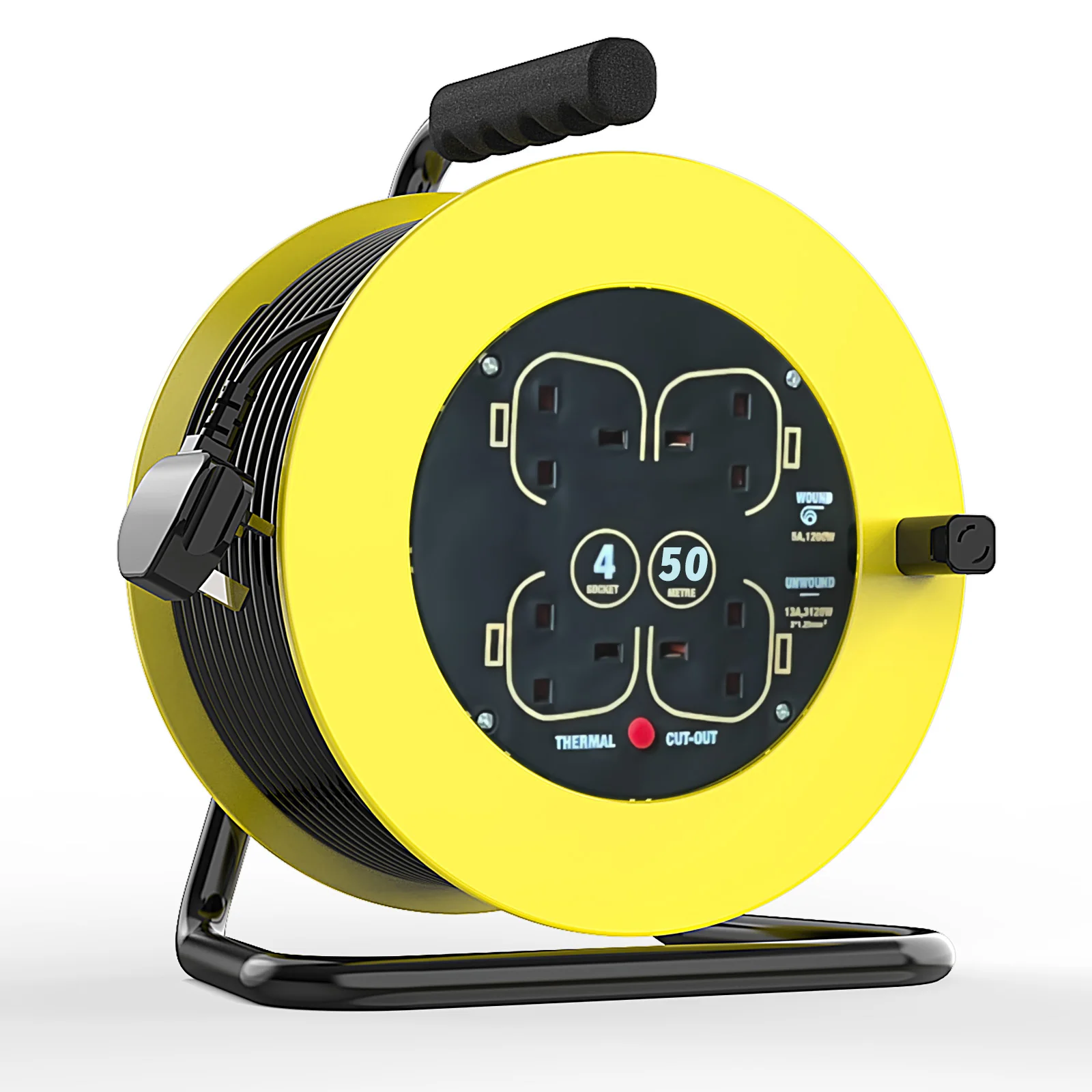 50M Extension Lead Heavy Duty Cable Reel, Four Socket Open Cable Reel Extension Lead With Winding Handle With Thermal Cut-Out