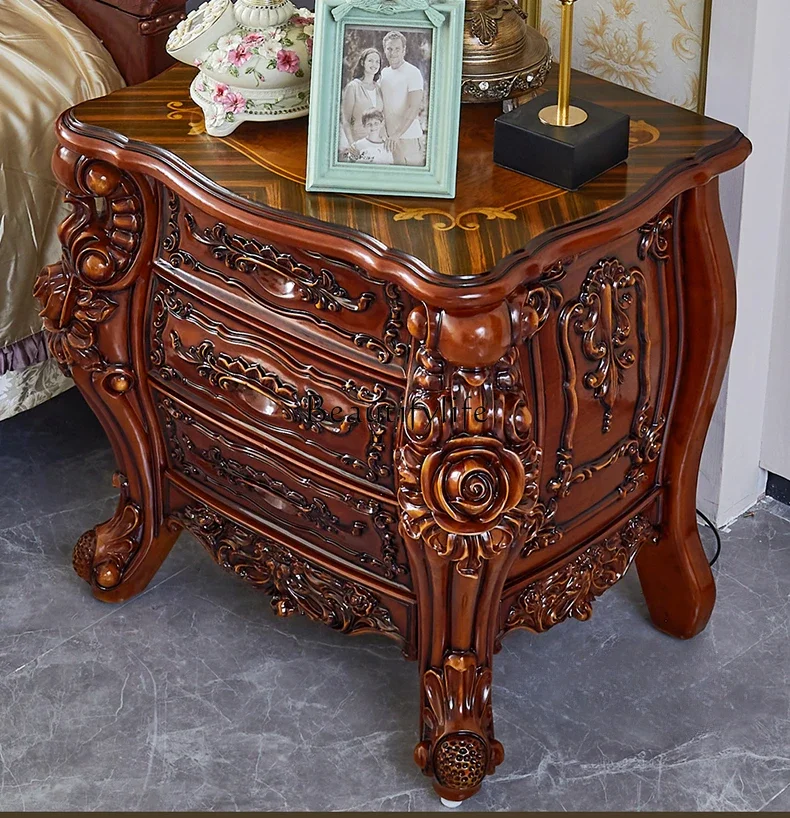 

European bedside table American villa luxury retro solid wood carving flower bedside storage cabinet