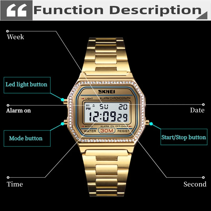 Skmei Female Watch Fashion Rhinestone Dial Waterproof Led Chronograph Women\'s Digital Wristwatch Alarm Clock Relogio Feminino