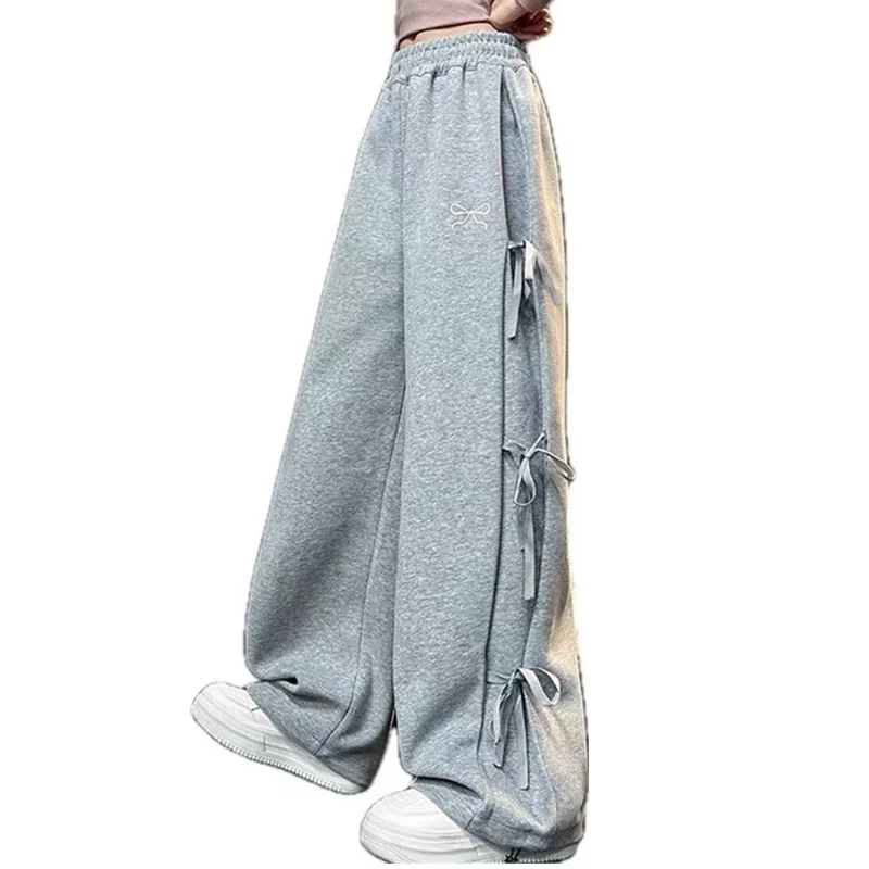 

Spring Child Cotton Sports Pants with Side Bows For Girls Grey Color Casual Trousers Teenage Kids High Street Sporty Sweatpants