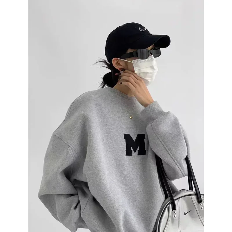 

Womens Clothing Vintage Street Sweatshirt Y2K Embroidery Letter Pattern Pullover Long Sleeves Warm Oversize Baggy Ladies Tops