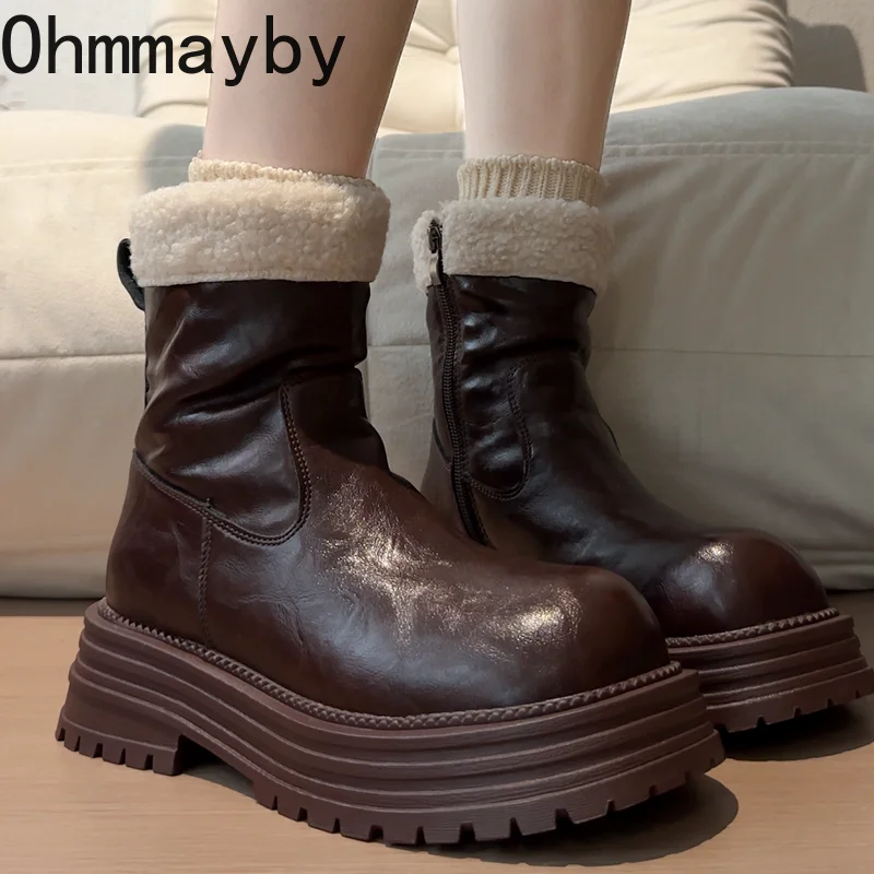 

Winter Vintage Thick Heel Women Ankle Boots Concise Height Increase Short Plush Shoes Ladies Warm Cotton Leather Short Booties