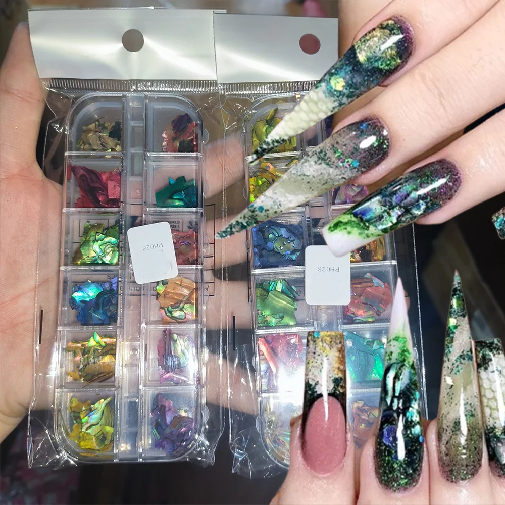 12Grids 3D Aurora Abalone Shell Slices Nail Art Decorations Irregular Shells Flakes Nail Charms Summer DIY Manicure Accessories