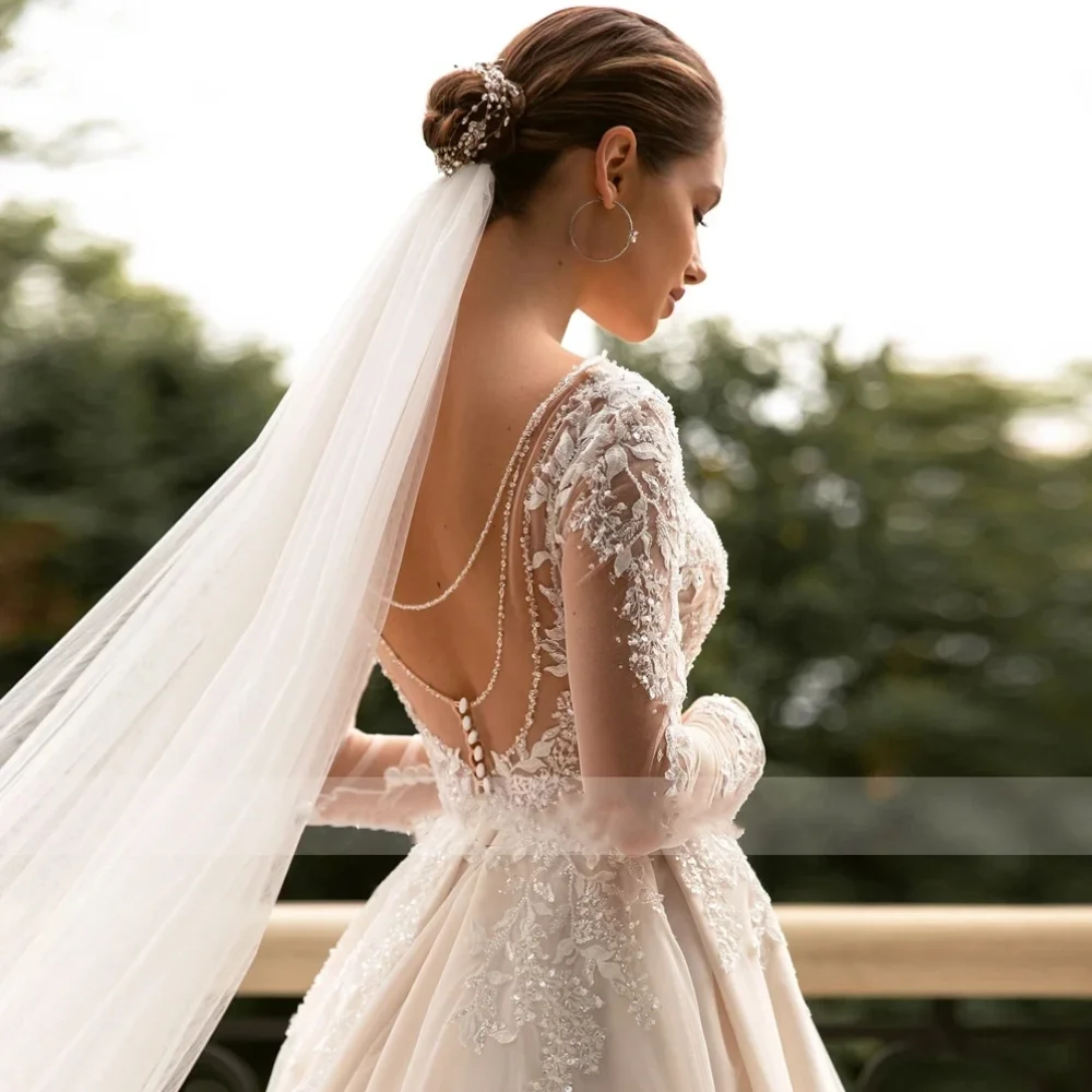 Vestidos de novia de tul con cuello en V profundo, manga larga con apliques, línea A, tren de barrido, elegante