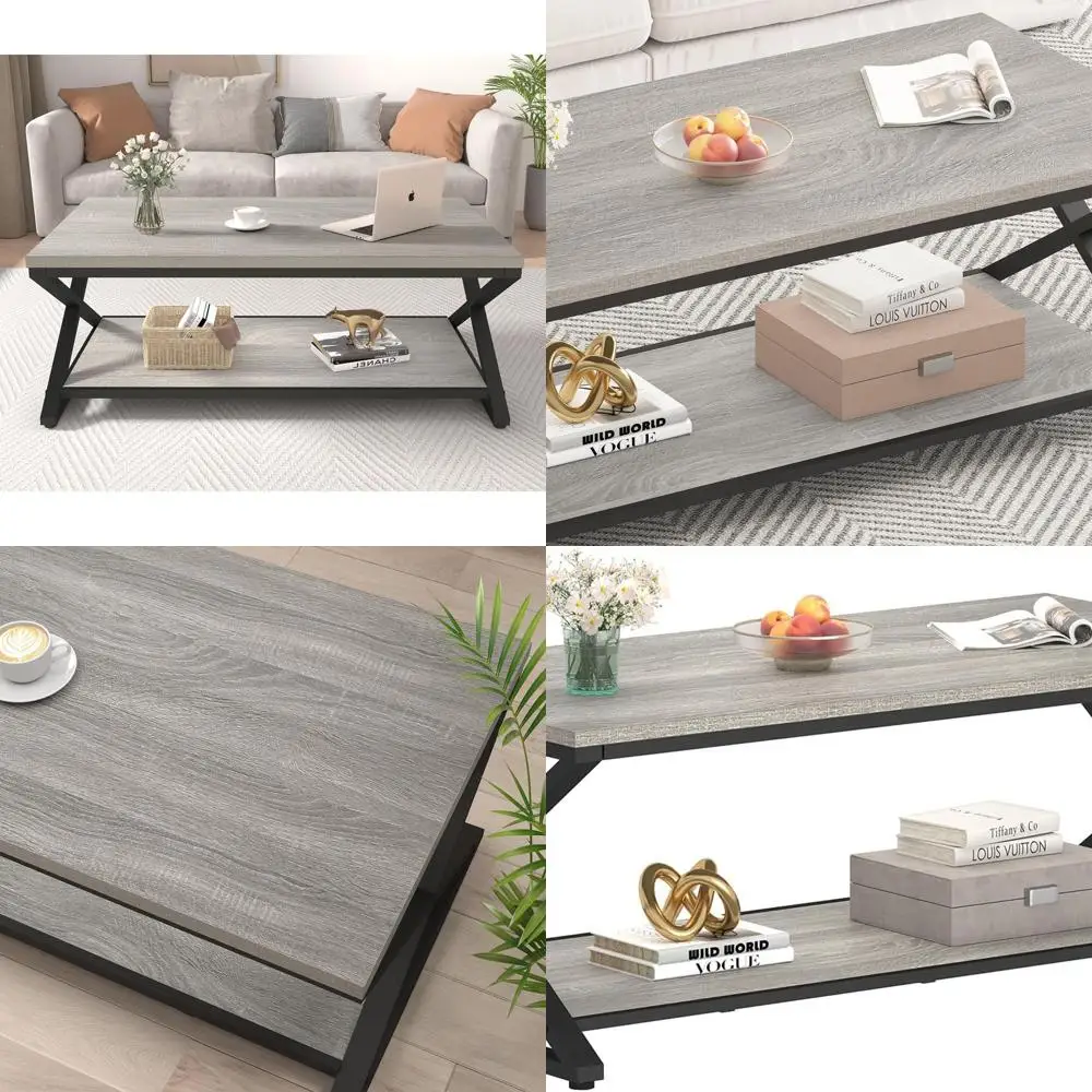 

Grey Farmhouse-Style Storage Coffee Table with Industrial Metal Accents, 47 Rustic Wood for Living Room and Home Office