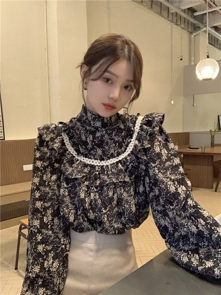 2026 blusa floral vintage feminina estilo francês gola plissado emenda camisa primavera outono casual chique topo