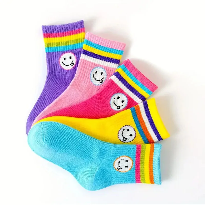 5 Paar Mädchensocken mit niedlichem Cartoon-Emoticons-Gesichtsmuster, bequeme, atmungsaktive Söckchen für Kinder – Detail 4