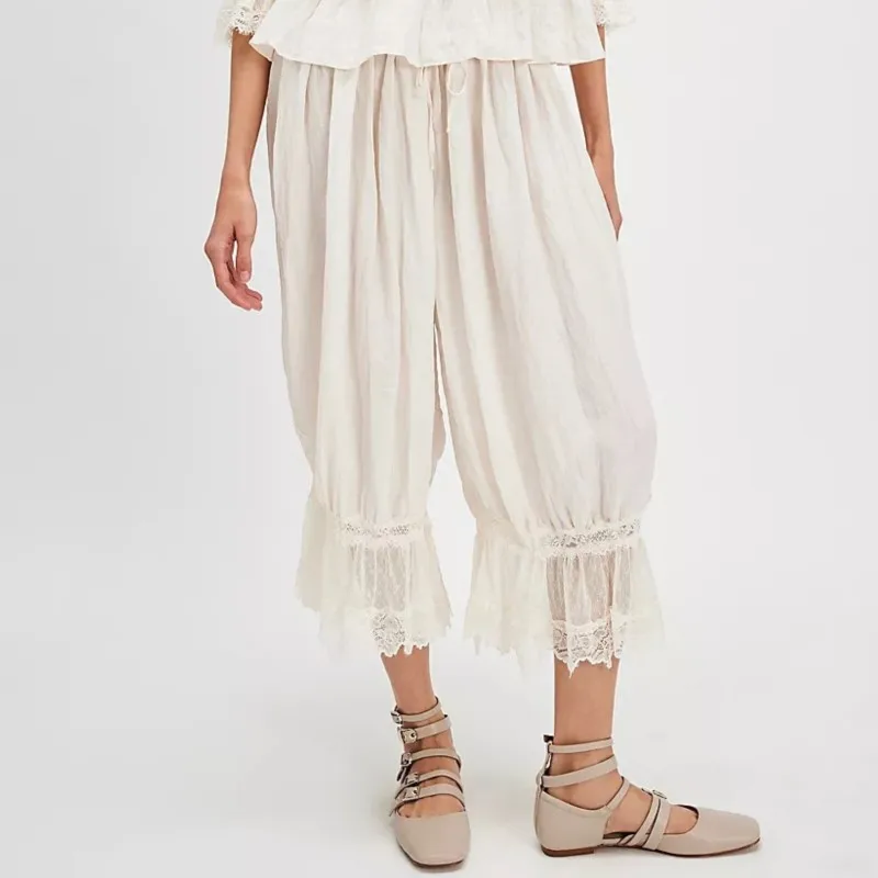

Women's Loose Bloomers Capri Pants Drawstring High Waist Floral Lace Patchwork Calf-Length Lantern Trousers Lounge Pettipants