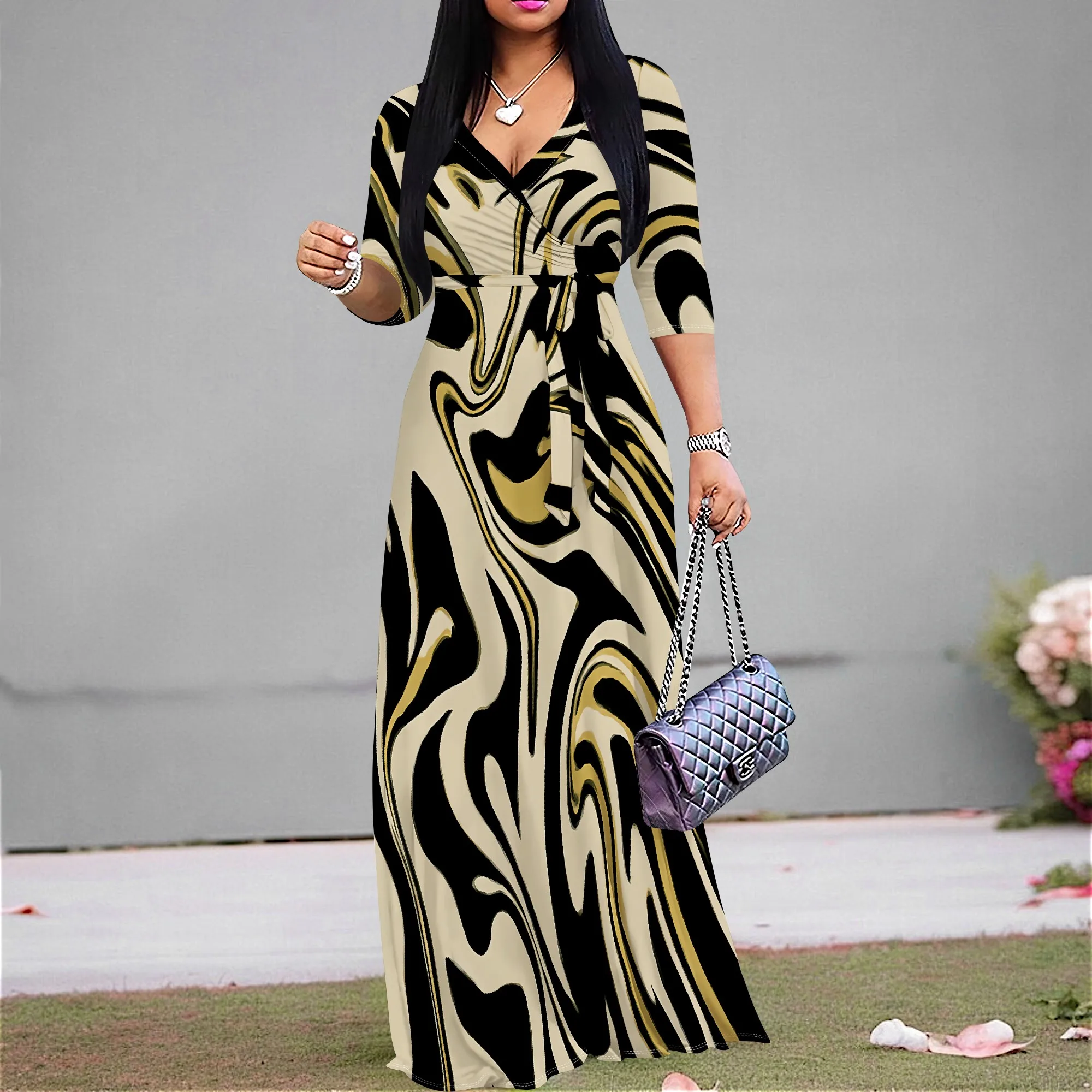 

Black Gold Marble Print Maxi Dress S‑3XL V‑Neck Wrap Style with Belt & 3/4 Sleeves for Art Show, Dinner or Fall Street Look