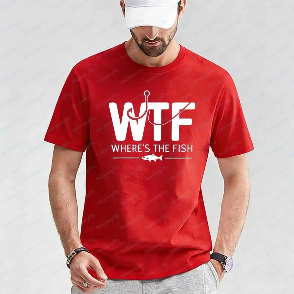 Where's The Fish Fishing T-Shirt for Men Funny Angler Graphic Outdoor Fisherman  Short Sleeve Cotton Tops  Fishing Lover Gifts