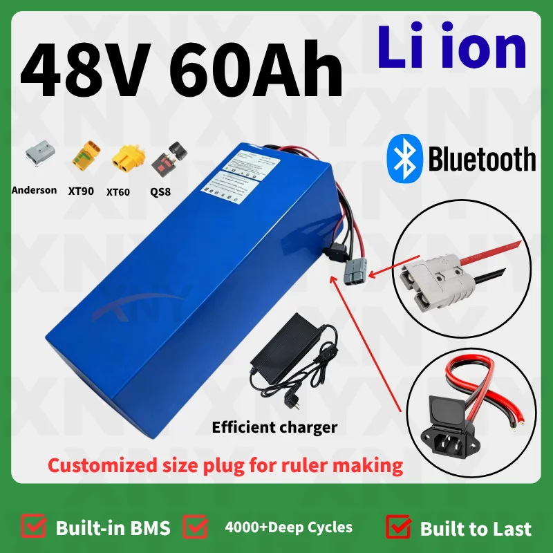 XNY 60Ah 48V Li-ion Lithium Polymer Battery Large Capacity for Electric Scooter Electric Bike Outdoor Camping Bluetooth