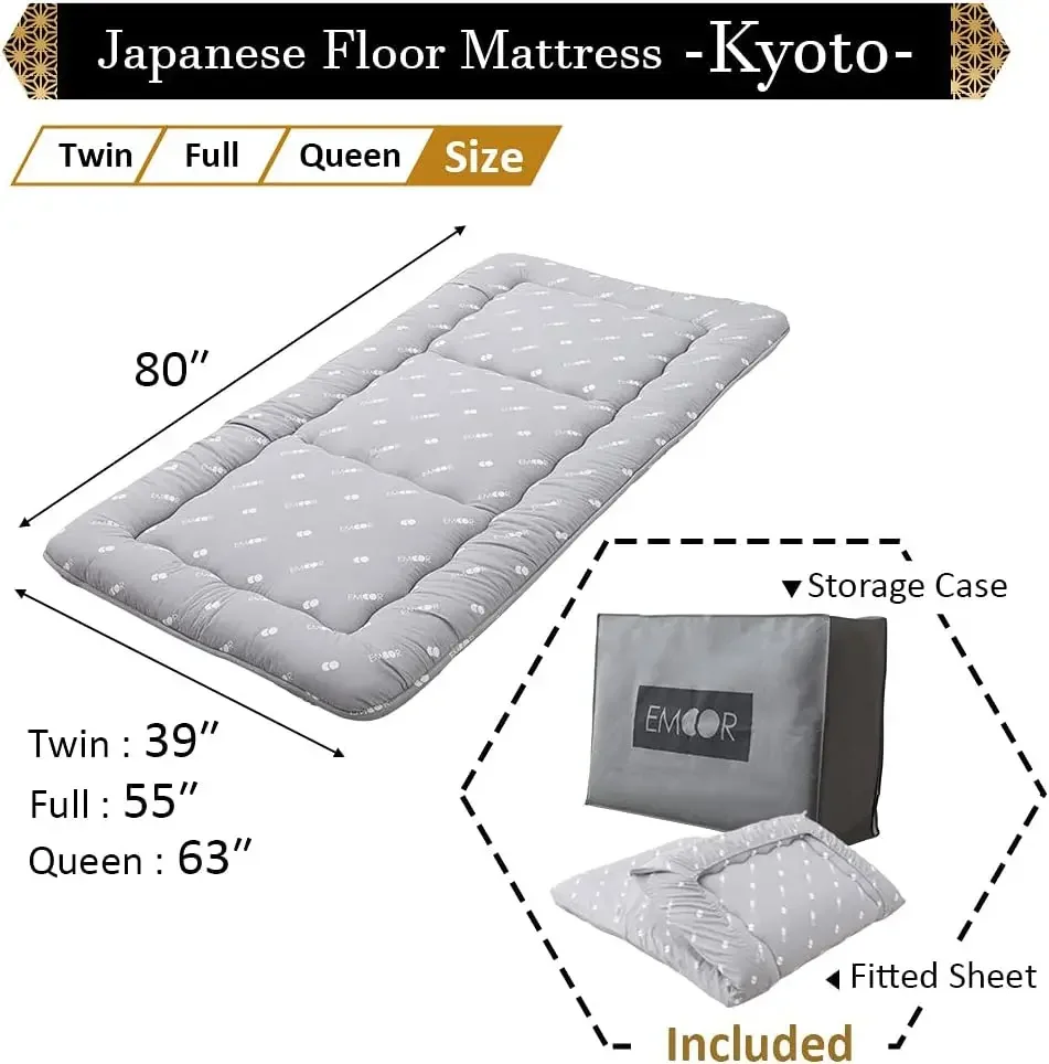 Japanese Floor Futon Set (Mattress, Cover & Storage Case) -Kyoto- Full Size (55x80in) Gray, Sleeping Mat Tatami Bed Pad