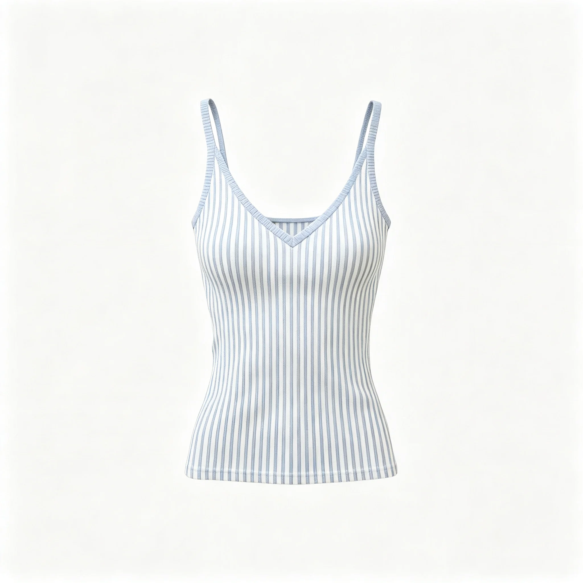 Vertical Striped Cami Tank Top V Neck Spaghetti Strap Ribbed Knit Slim Fit Minimal Style Layering Summer Vacation Casual Wear