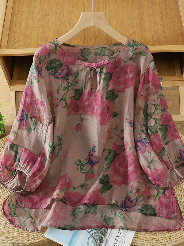 

Elegant Chinese Style Button up Shirt Women's Summer Lantern Sleeve Print Overhead Top Loose Fit Breathable Casual Wear