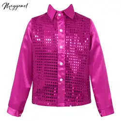 Kids Boys Shiny Sequins Shirt Hip-hop Latin Jazz Dance Costume Disco Street Party Child Shirts Top Choir Stage Performance