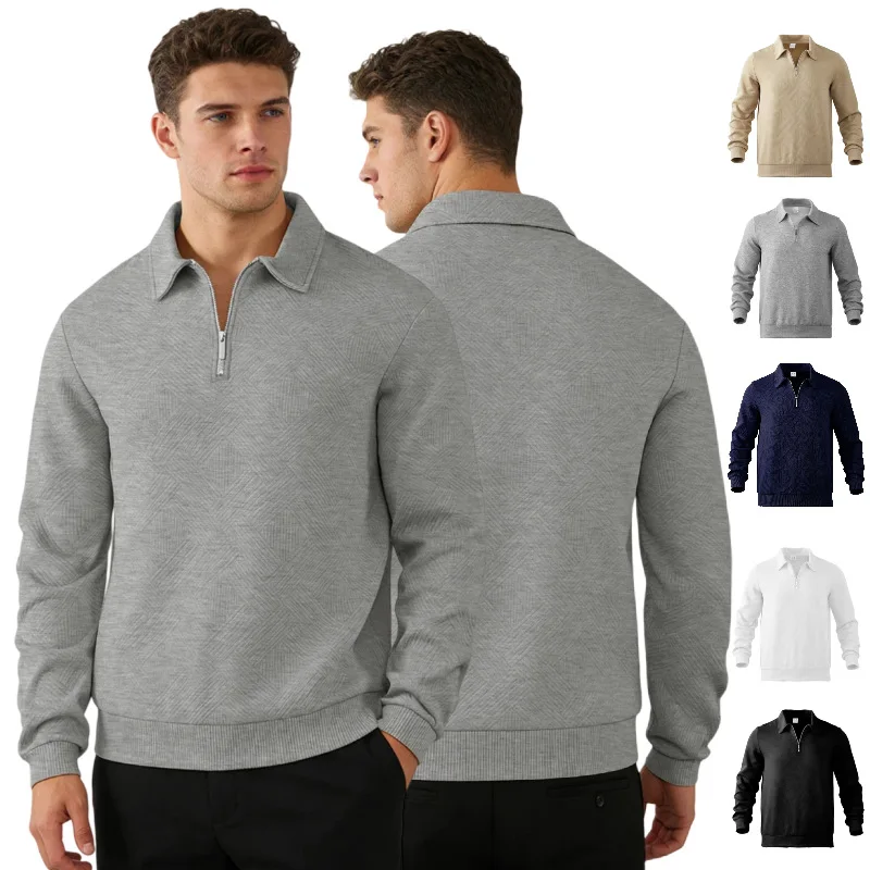 B&C Men Herringbone Polo Shirt Half Zip Long Sleeve Business Casual Golf Top for Spring Autumn Daily Wear