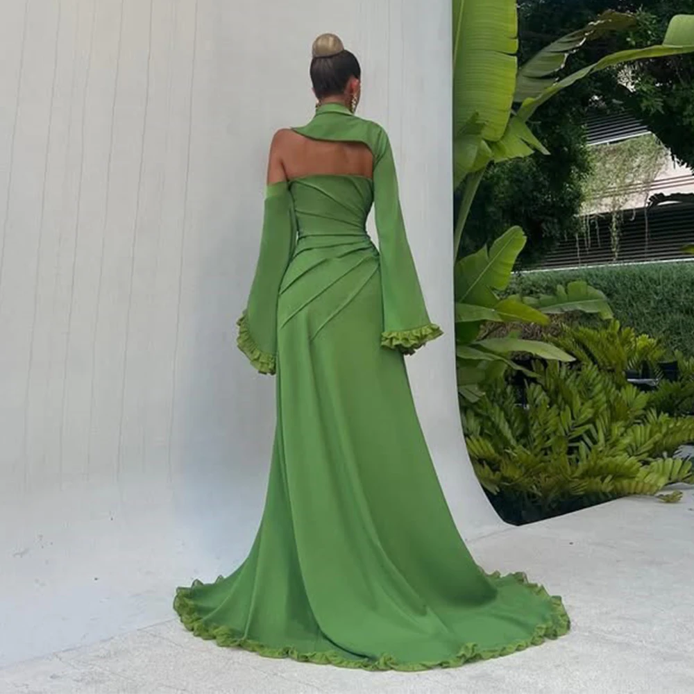 Flechazo Customized Evening Dress Green A-Line Long Flare Sleeves with Ruffles Side Slit Women Pleat Party Gowns Open Back