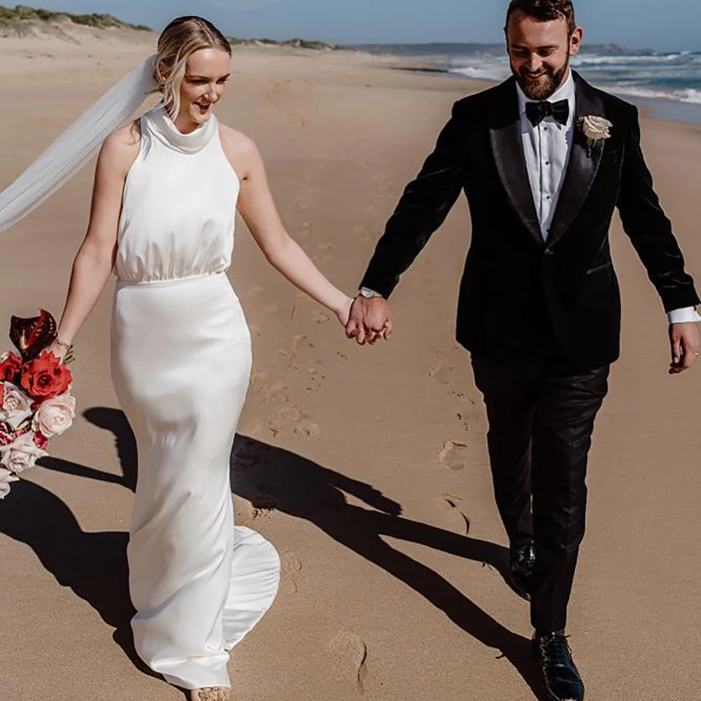 Vestido de novia de satén de seda Simple, drapeado, con espalda desbocada, cuello alto, Maxi Espalda descubierta, fruncido, talla grande