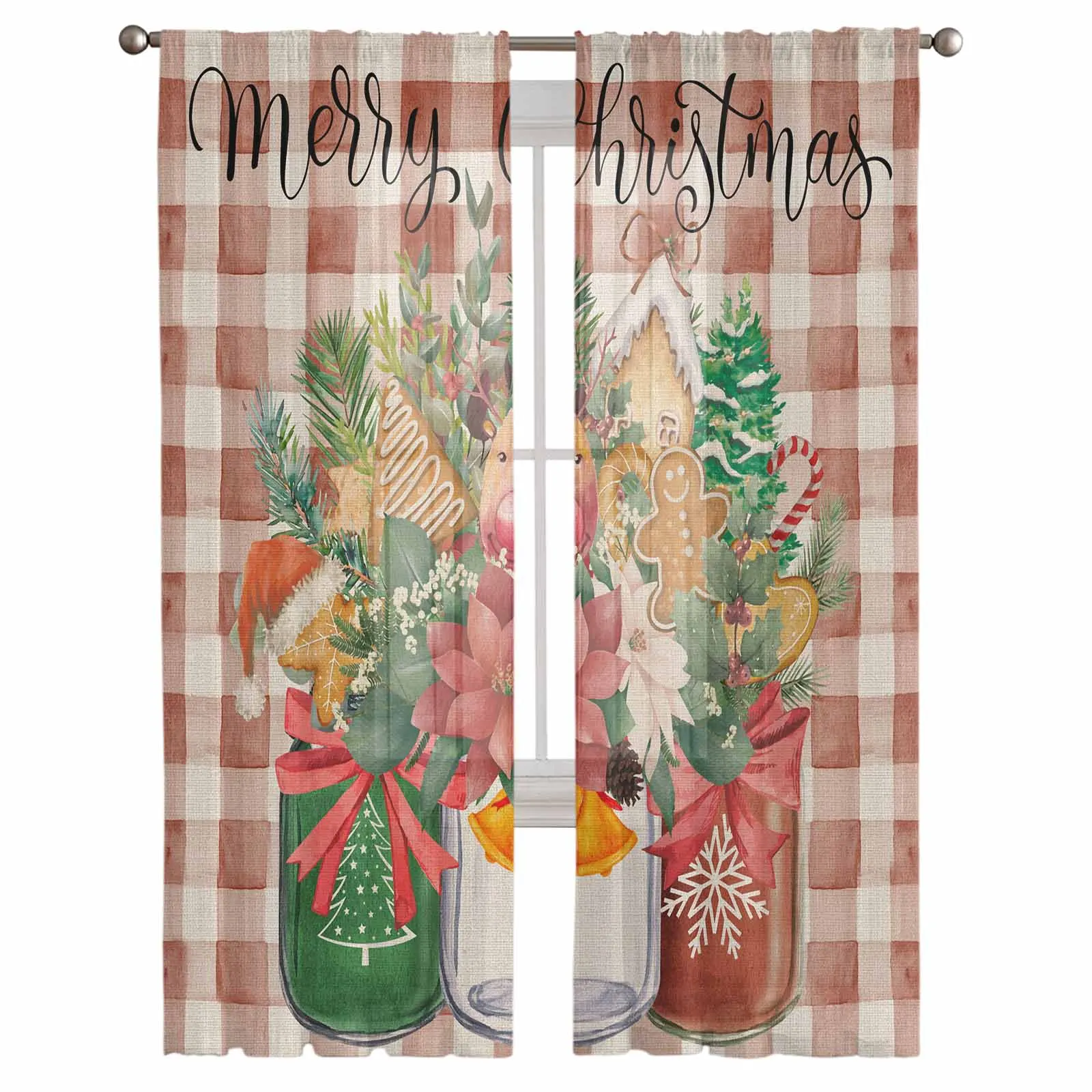 Christmas And Winter Pinecone Painting Curtains For Living Room Tulle Window Curtain Bedroom Kitchen Veil Drapes