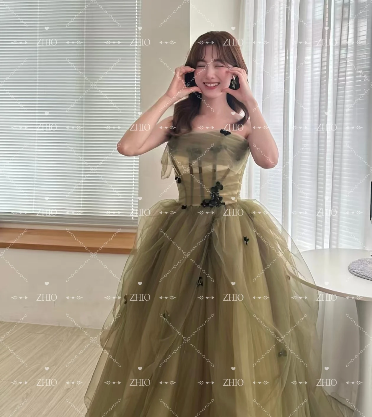 

ZHIO Charming Green Floral Wedding Party Dress Sweetheart Draped Tulle Korea Bridal Gown Photo Shoot Evening Dresses Customized