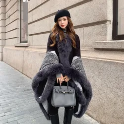 Elegant Poncho Fashion Tassel Shawl Coat 2023 Women's Warm Knitted Cloak With Fur Trim Luxury Faux Fox Fur Ponchos Capes Ladies