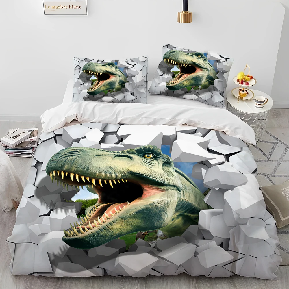 3D Cartoon Dinosaur Illusion Comforter Bedding Set,Duvet Cover Bed Set Quilt Cover Pillowcase,Queen Bedding Set for Child Gift