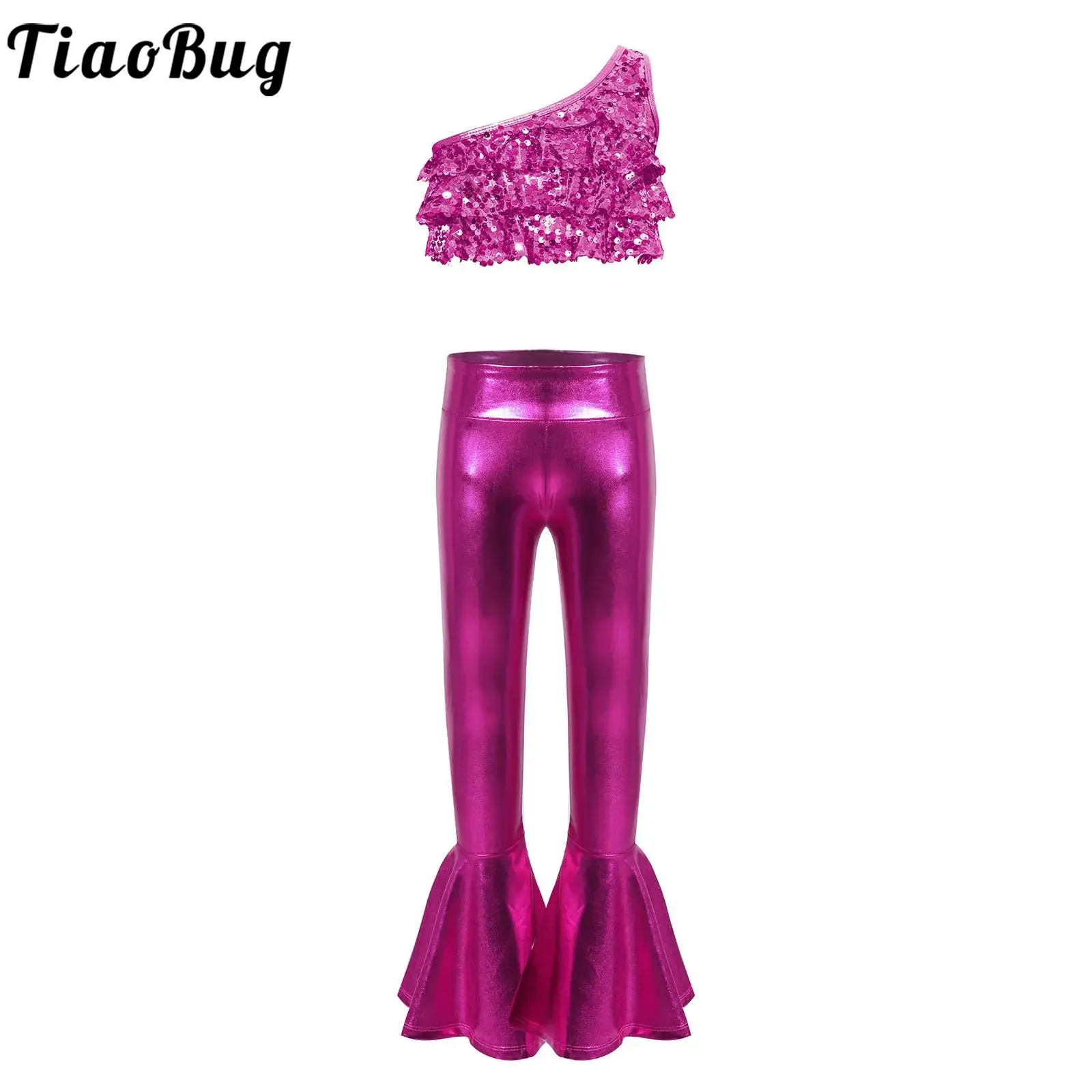 

Kids Girls Jazz Dance Performance Costume Set Metallic Modern Latin Dancewear Sleeveless Sequins Crop Top with Bell-bottom Pants