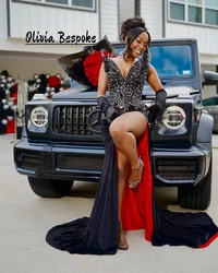 Remarkable Red Lining Black Evening Dress Beaded Rhinestones Aso Ebi Mermaid Cocktail Gown For Special Events African Customized