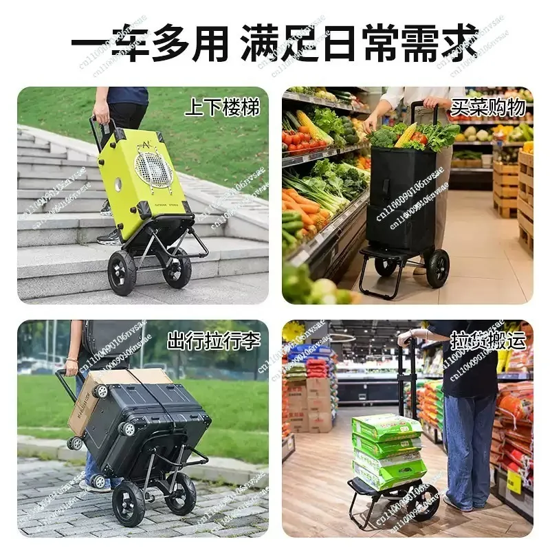 Trailer Folding Small Cart Household Shopping Grocery Small Cart Pulling Goods Pull Rod Cart for Outdoor Large Wheeled Handcart