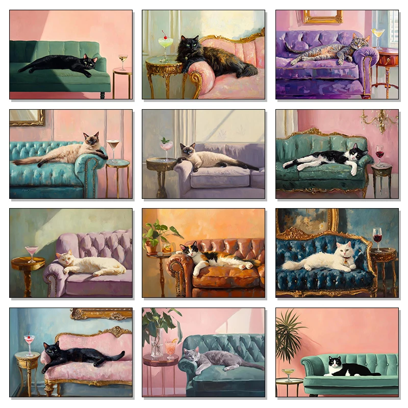 Affiche de la série chat et Cocktail médiéval, toile imprimée, peinture HD, images de maison pour salon et chambre à coucher, décoration murale sans cadre