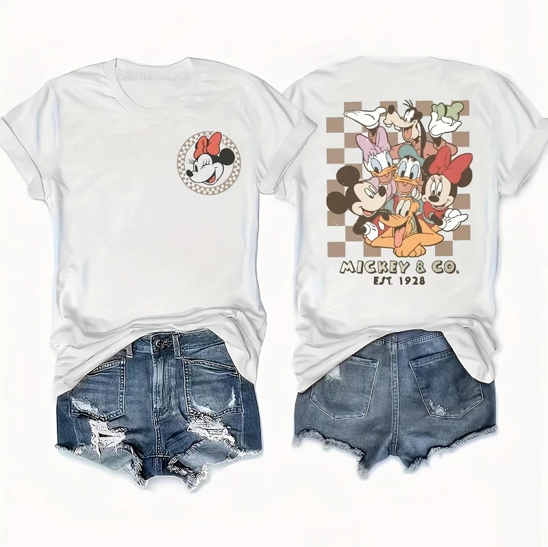 

Mickey Minnie Mouse 2025 Casual Round Neck T-Shirt Women Stylish Graphic Print Tee with Mickey Minnie, Donald, and Goofy Design