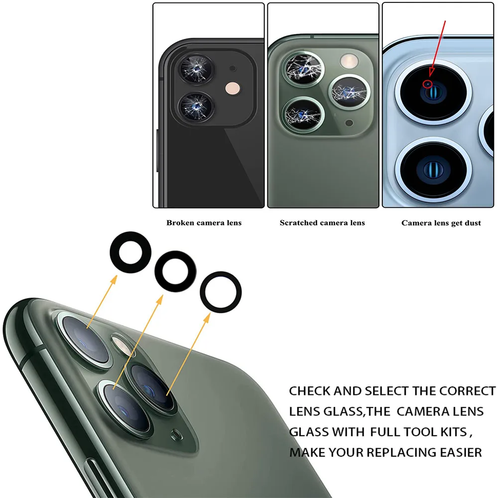 Back Rear Camera Lens Glass Replacement With Adhesive for iPhone 11 12 13 14 15 Mini Plus Pro Max And Repair Tools Set