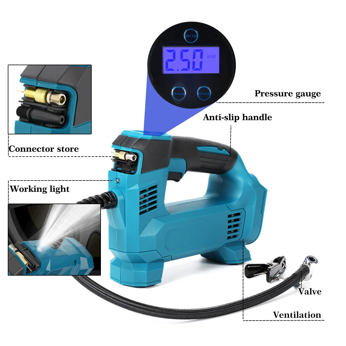 Pompa ad aria per auto senza fili pompa gonfiabile per pneumatici per auto elettrica compressore d'aria ricaricabile portatile digitale per batteria Makita 18V