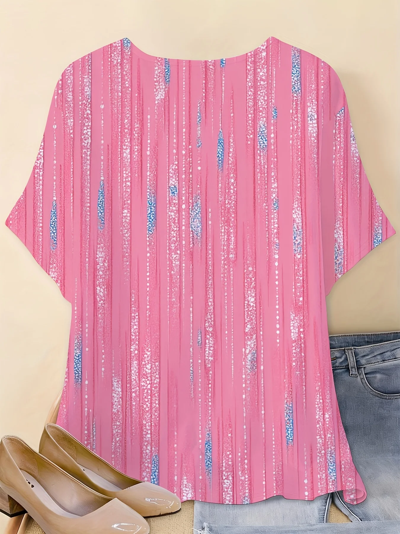 Women Crew Neck Batwing Short Sleeve Top Pink Vertical Glitter Stripe Print Loose Breathable Casual Daily Summer Blouse