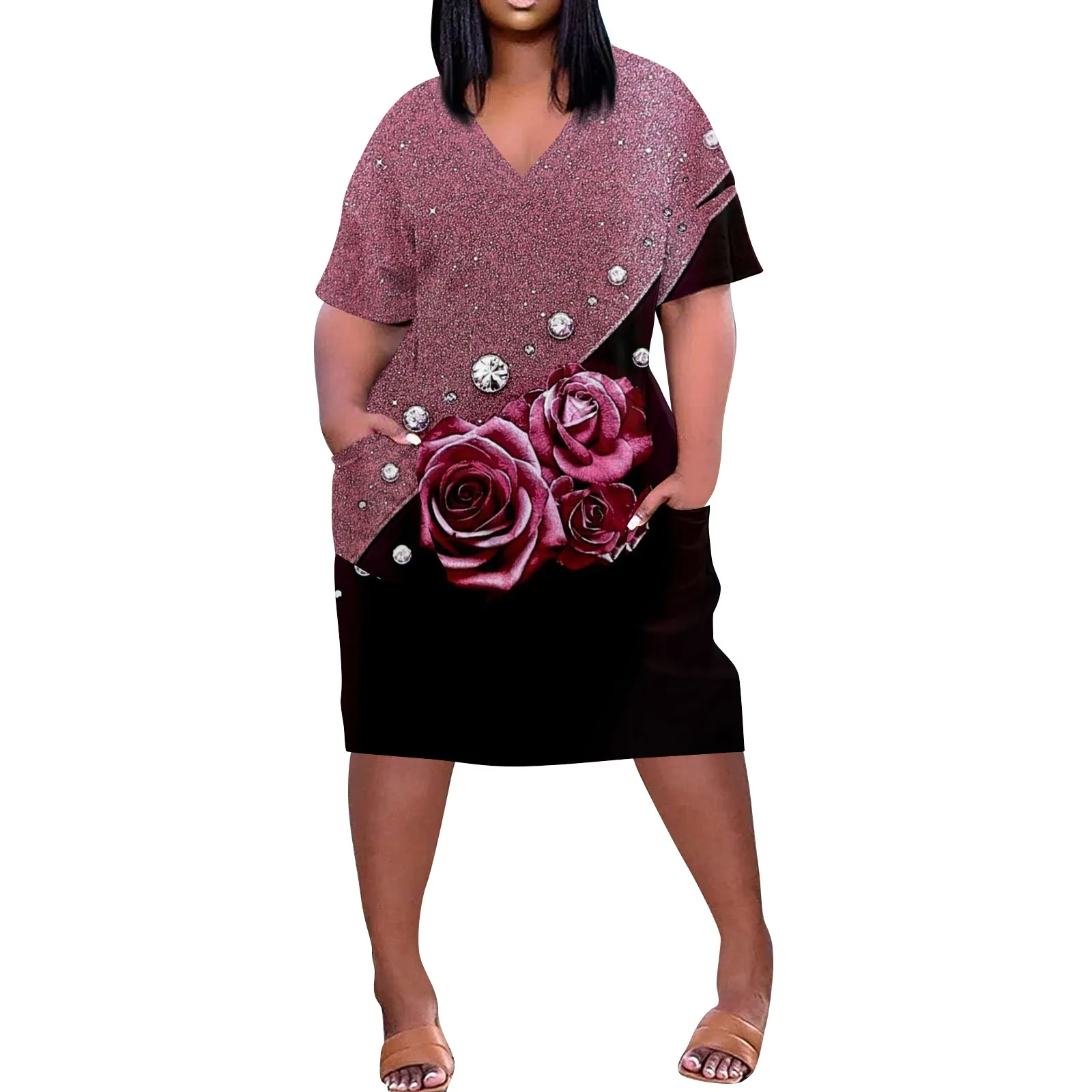 

Платье Женское повседневное до колена с принтом, V-образным вырезом и коротким рукавом