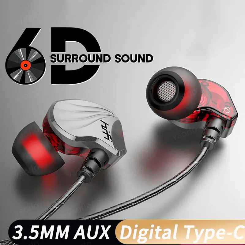 3.5MM AUX/Type-C Digital Chip 6D HIFI Heavy Bass Headset With Mic Music Sports Gaming In-Ear Wired Earphones For Samsung Android