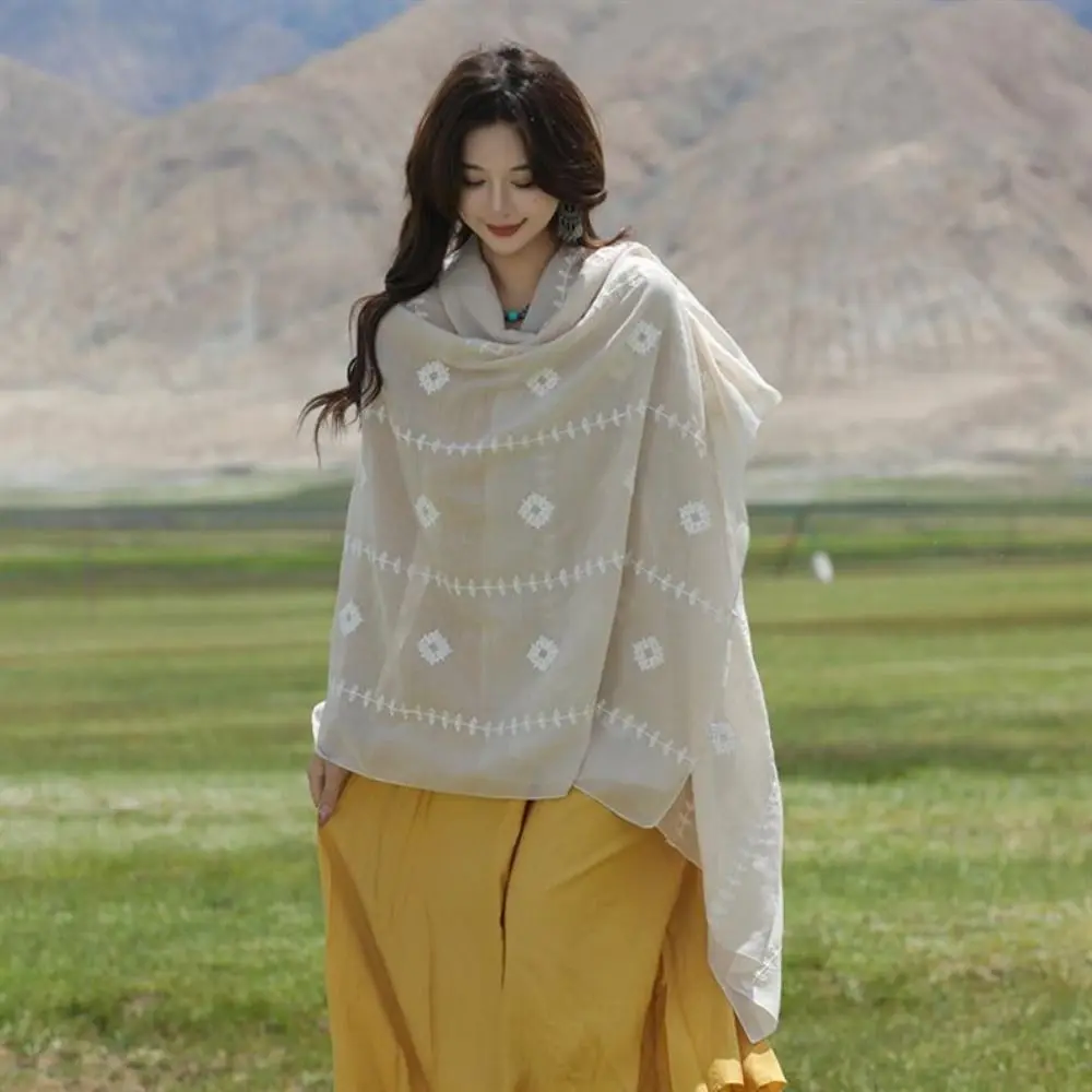 

Универсальный длинный шарф с вышивкой цветов, богемный этнический стиль, однотонный хлопковый платок с цветочным узором, аксессуары для хиджаба