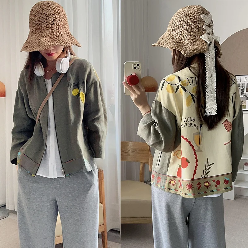 

Весенне-летняя женская дышащая куртка из хлопка и льна с ручной вышивкой и принтом, тонкая верхняя одежда с круглым вырезом и молнией