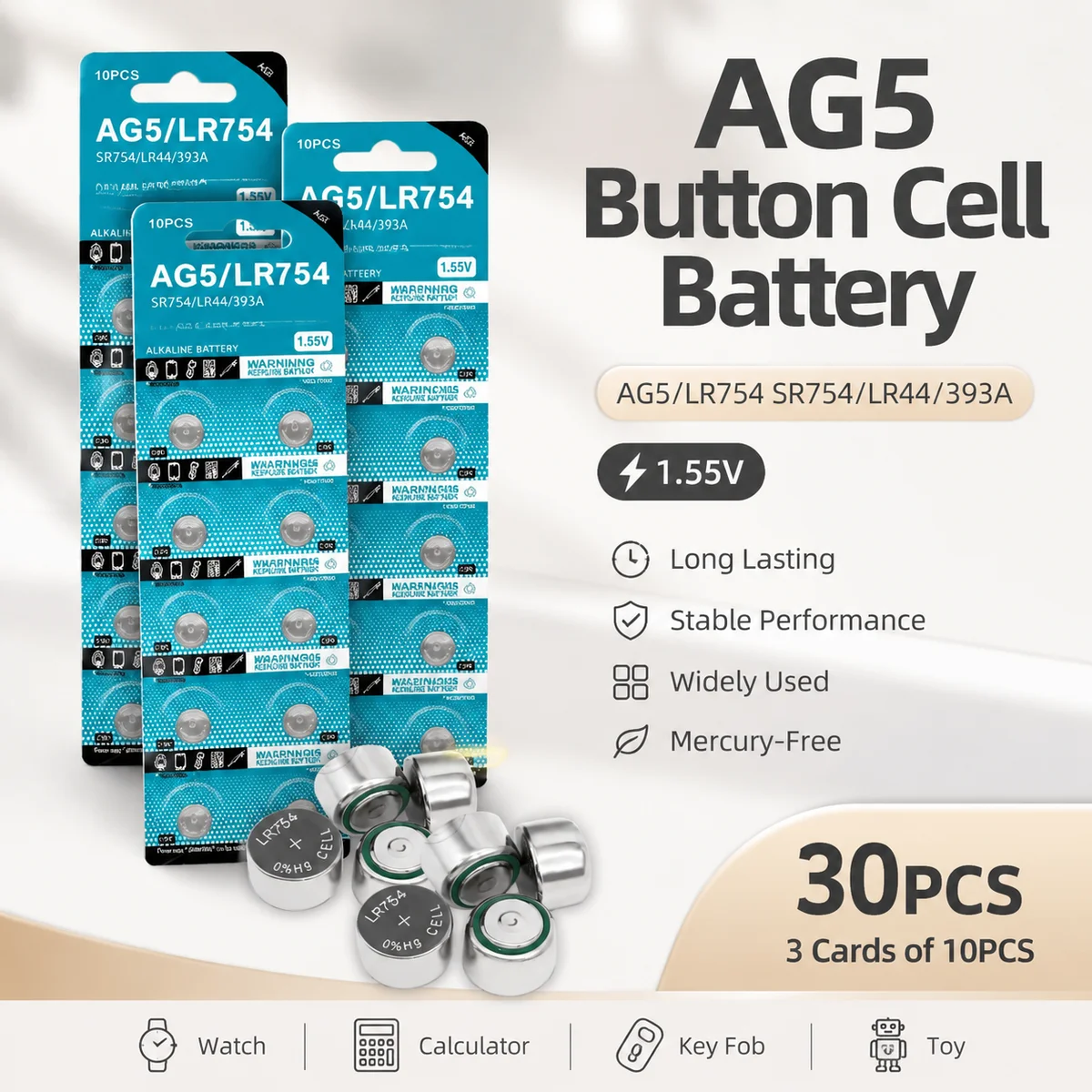 Reliable Alkaline Coin Cell Button Battery AG5 1.55V LR754 SR754 393 193 LR48 Long Life Replacement For Watch Toys Clock